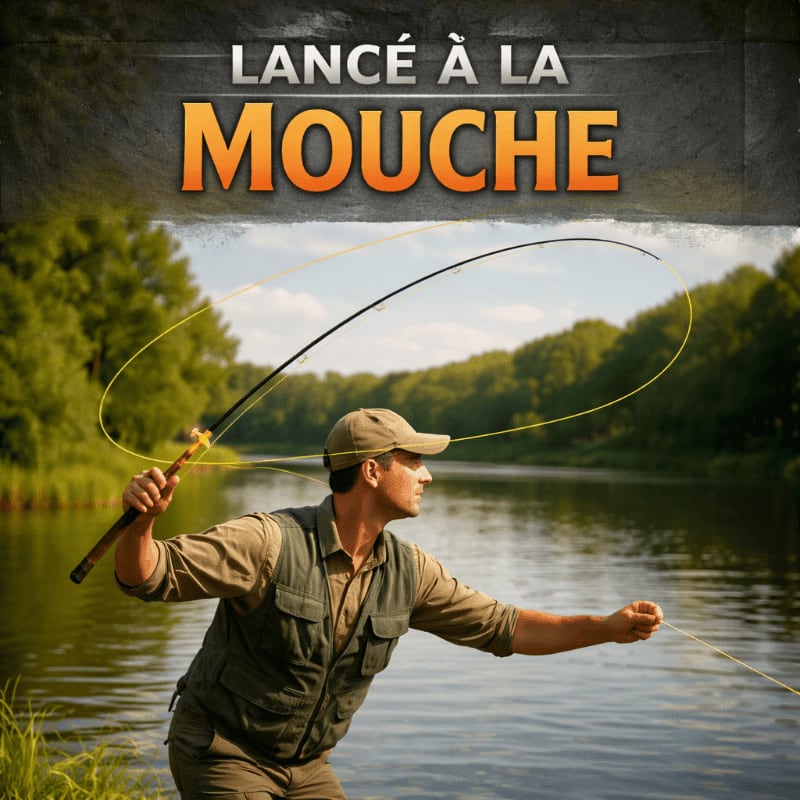 A man in the foreground casts a fly fishing rod across a calm river, with a lush green forest in the background.