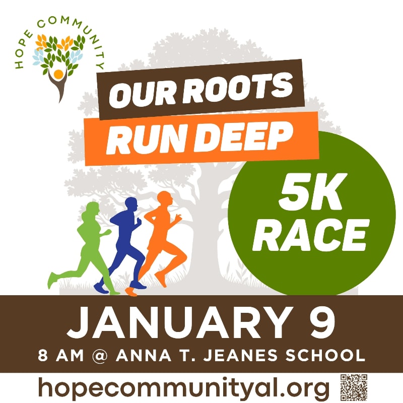 Silhouetted runners race across the foreground with a large tree and text announcing a 5K race in the background.
