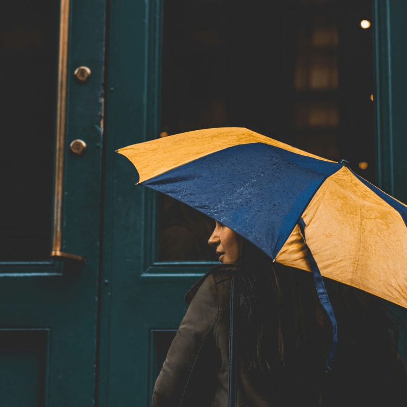 woman under yellow and blue umbrella beside green wooden door