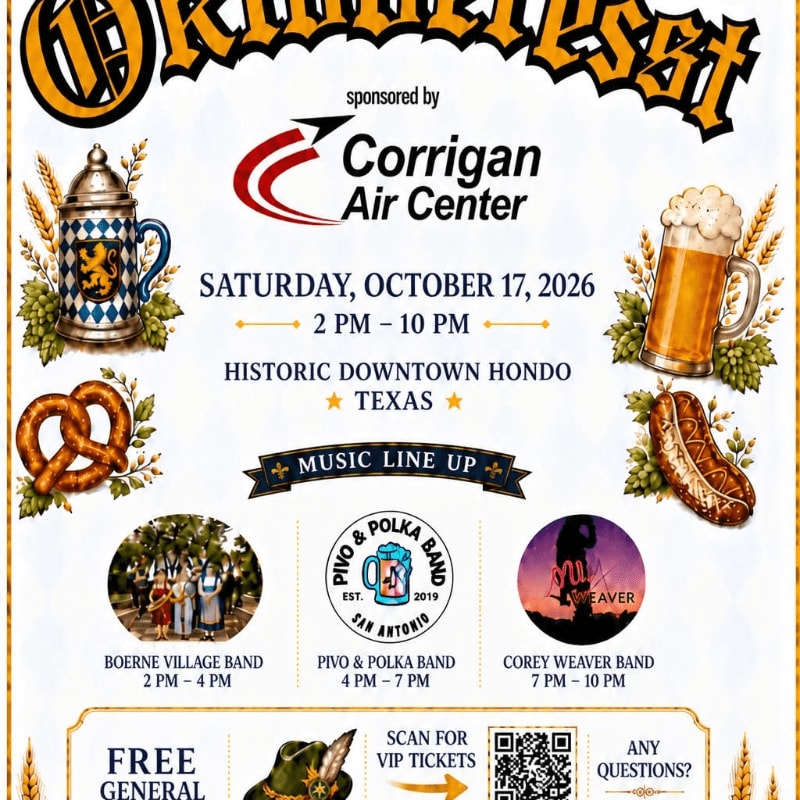 A festive Oktoberfest poster features a beer stein and pretzel in the foreground, with event details and band information against a textured background.