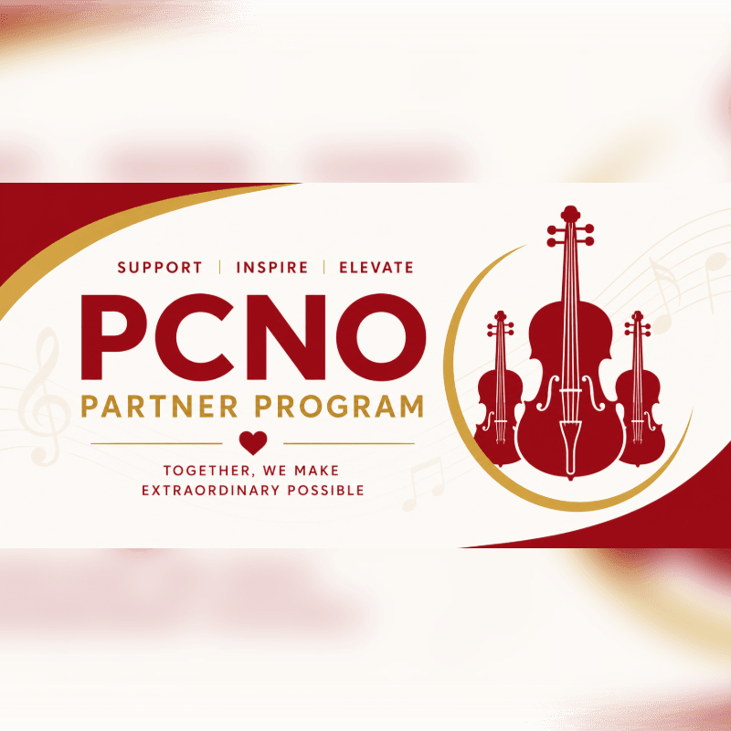 Red violins are silhouetted against a light background with musical notes and the text "PCNO PARTNER PROGRAM" in the foreground.