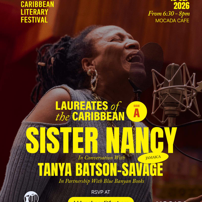 A woman with dreadlocks sings into a microphone in the foreground, with event details for the Caribbean Literary Festival in the background.