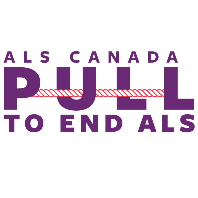 Purple text on a white background reads "ALS CANADA PULL TO END ALS" with a red rope crossing through the word "PULL".