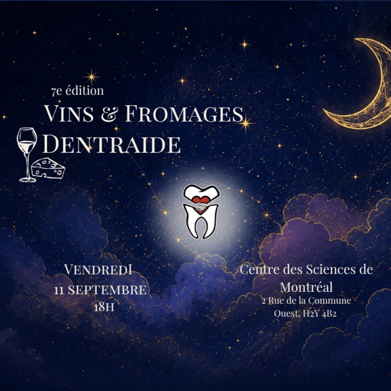A starry night sky with a crescent moon and clouds forms the background for an event poster advertising "Vins & Fromages Dentraide" with details of the date, time, and location in the foreground.