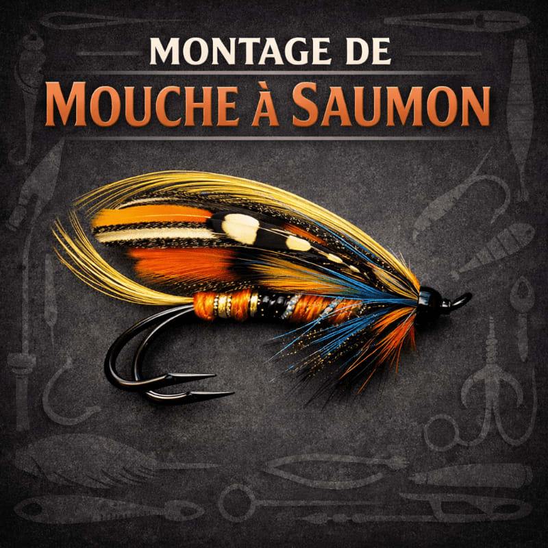A colorful salmon fishing fly with intricate feather details is presented against a dark background featuring various fishing tools.