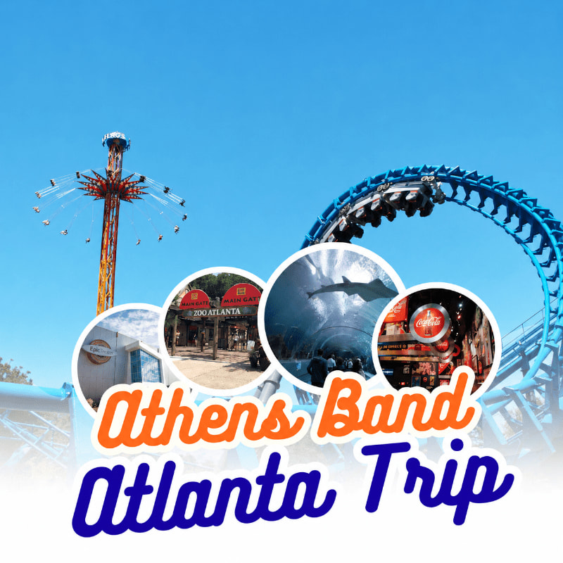 A thrilling amusement park ride with a roller coaster loop dominates the background, while the foreground features circular insets of a zoo entrance, an aquarium tunnel with a shark, and a Coca-Cola themed attraction, all overlaid with text reading "Athens Band Atlanta Trip."