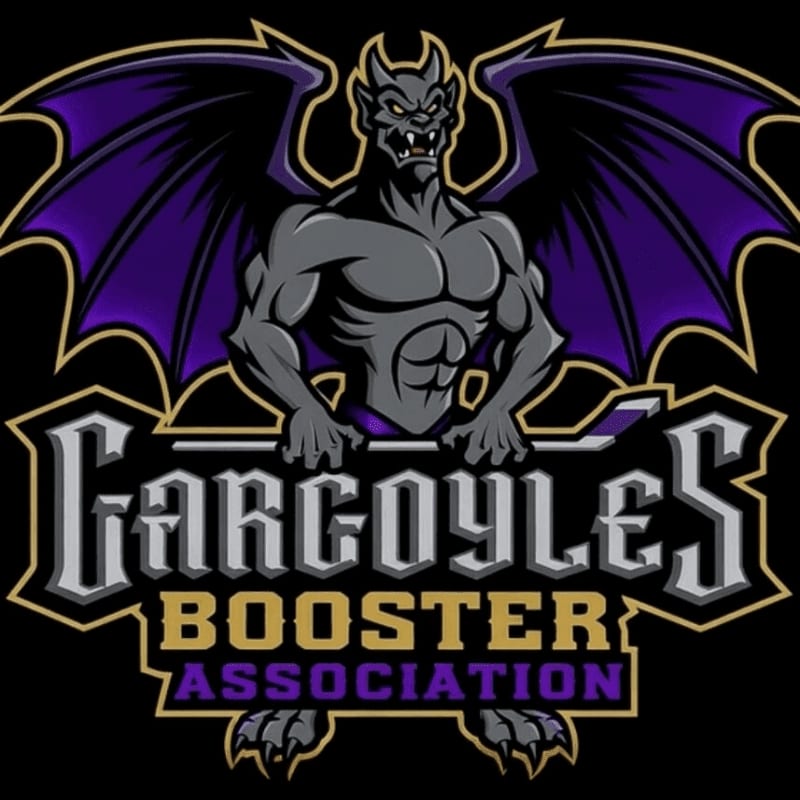 A muscular gargoyle with purple wings is poised above the text "Gargoyles Booster Association" against a black background.