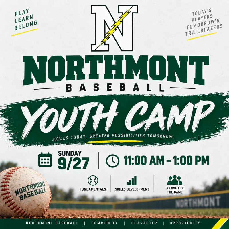 A baseball in the foreground sits on a field with the "Northmont Youth Camp" details and logo in the background.