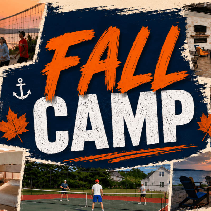 In the foreground, people play tennis on a court, while the background features a collage of fall-themed activities and scenery.