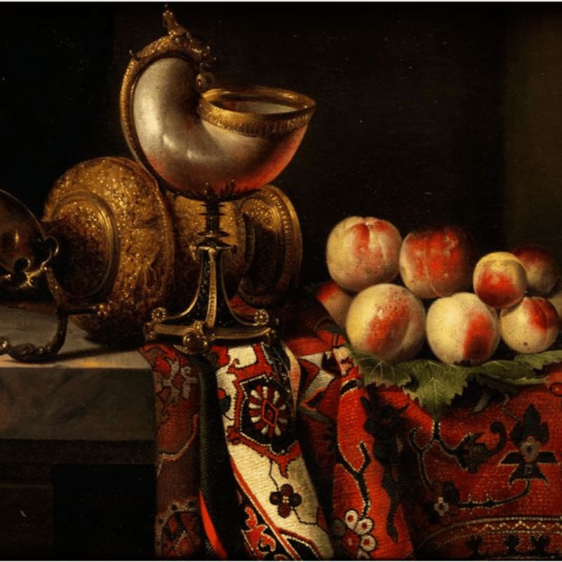 A still life features a collection of ornate golden vessels and a pile of ripe peaches in the foreground, set against a dark, indistinct background.