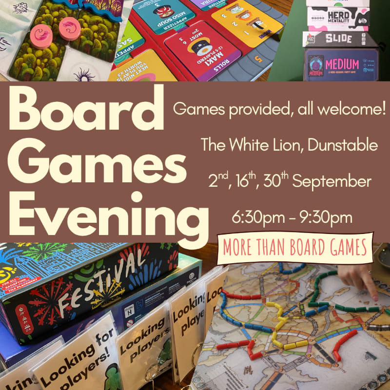 Board game boxes are stacked in the foreground, with a colorful board game and event details in the background.