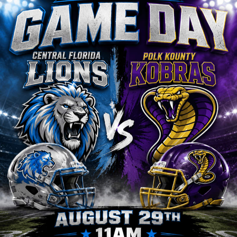 A fierce lion and a coiled cobra face off in a "Game Day" graphic, with their respective team helmets in the foreground and a stadium-like background.