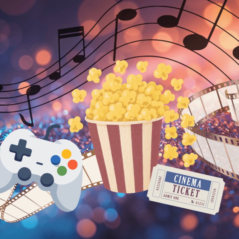 A video game controller and a bucket of popcorn are in the foreground, with a film reel, musical notes, and a bokeh background in the distance.
