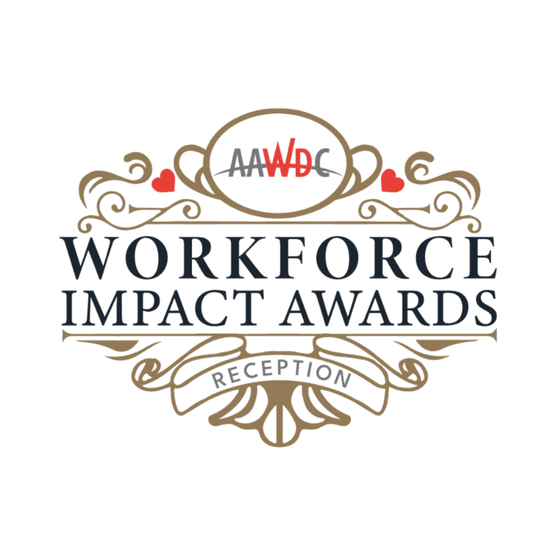 A decorative emblem with "AAWDC WORKFORCE IMPACT AWARDS RECEPTION" written on it is set against a white background.