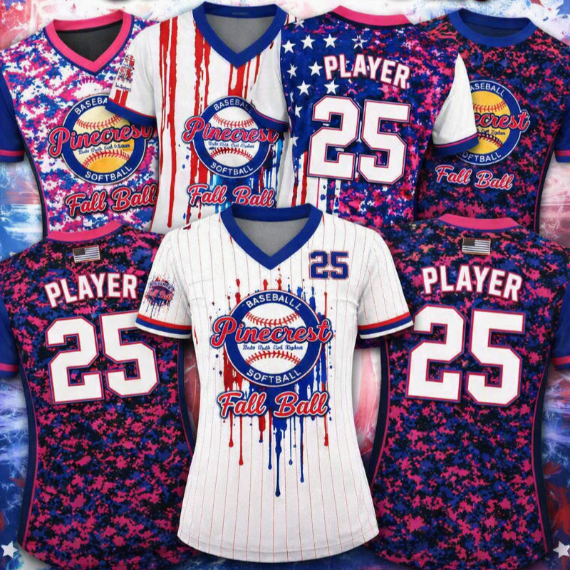 Several baseball jerseys with patriotic designs and the number 25 are displayed against a tie-dye background.