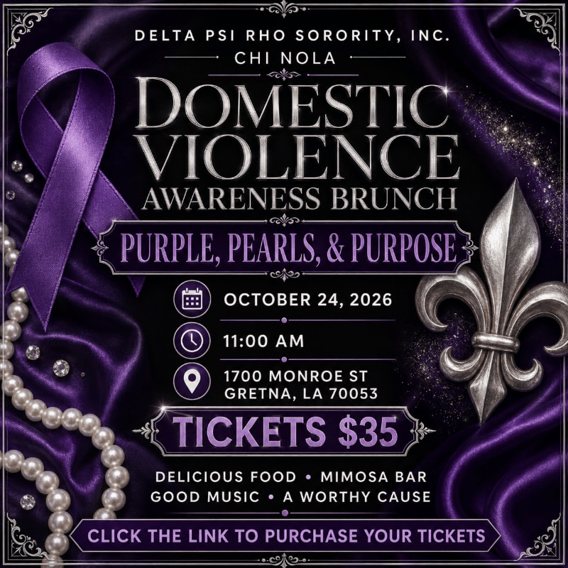 A purple satin background with a pearl necklace and a fleur-de-lis adorns the foreground, while the background features text announcing a Domestic Violence Awareness Brunch.