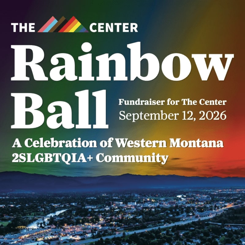Large white text announcing "Rainbow Ball" is superimposed over a colorful rainbow gradient and a nighttime aerial view of a city, with "Fundraiser for The Center" and event details to the right.