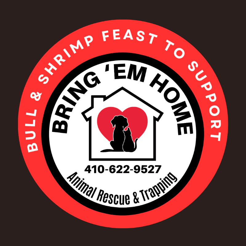 A circular logo with a red border features a white inner circle containing silhouettes of a dog and cat inside a house with a heart, a phone number, and text about animal rescue, all set against a dark background.