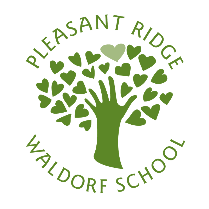 A green tree with heart-shaped leaves and a hand for a trunk stands against a white background, with the words "PLEASANT RIDGE WALDORF SCHOOL" encircling it.