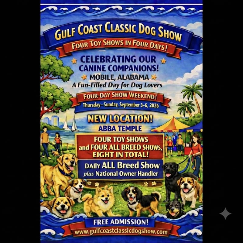 A group of happy dogs are featured in the foreground of a colorful poster advertising the Gulf Coast Classic Dog Show, with a lively outdoor scene of people and sailboats in the background.