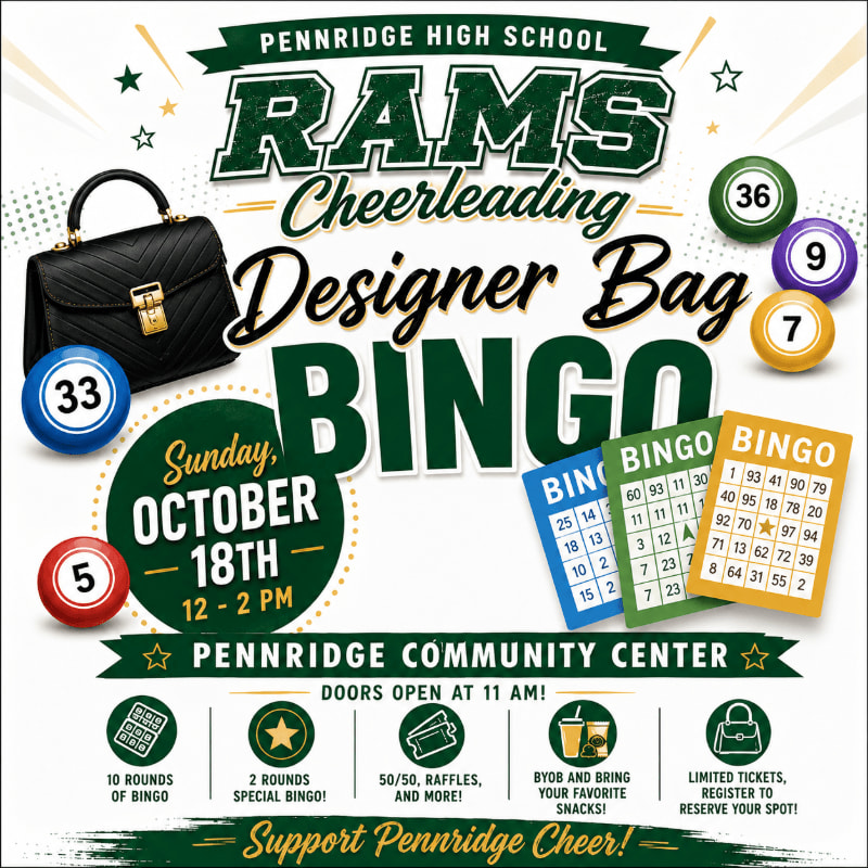 In the foreground, bingo cards and colorful bingo balls surround a black designer handbag, while the background features bold text announcing a "Designer Bag Bingo" event for Pennridge High School Rams Cheerleading.
