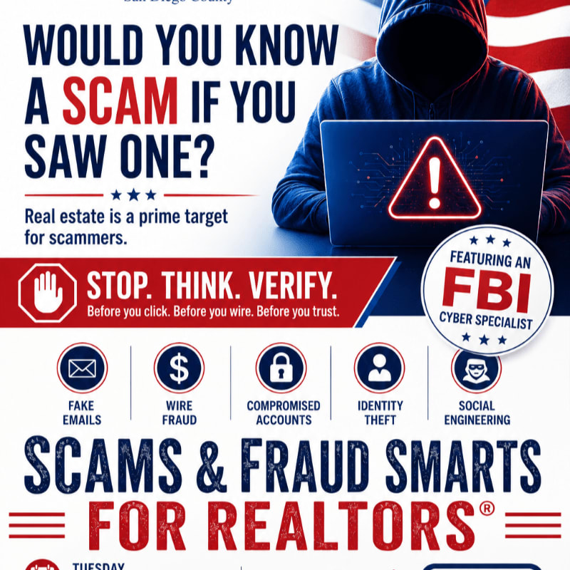 A hooded figure with a laptop displaying a warning sign is in the background, while the foreground features text about scams and fraud prevention for realtors.