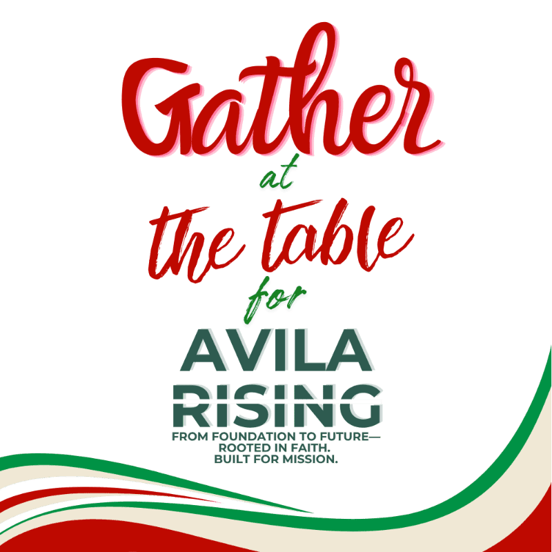 Red and green wavy lines form the foreground, framing the text "Gather at the table for AVILA RISING" in red, green, and white against a white background.
