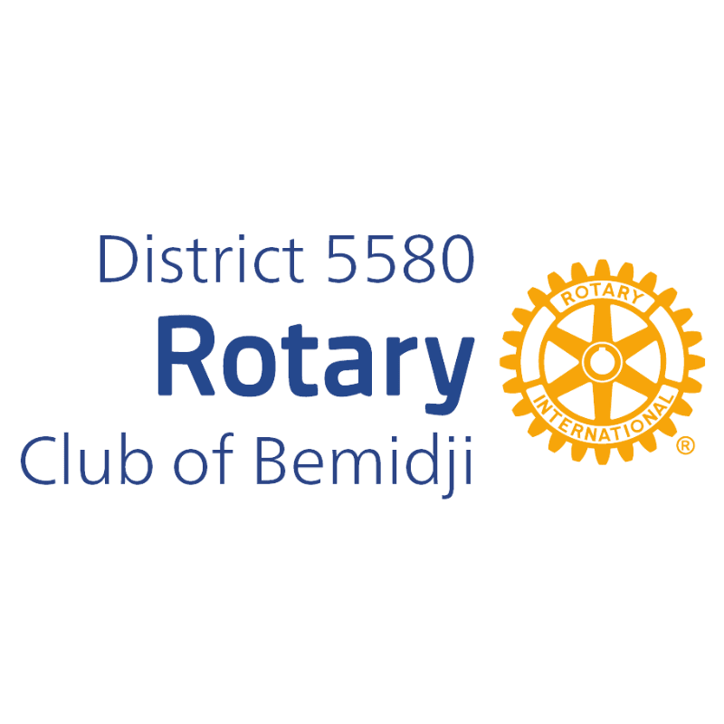 Dark blue text reading "District 5580 Rotary Club of Bemidji" is on the left, with a yellow Rotary International logo on the right, all against a white background.