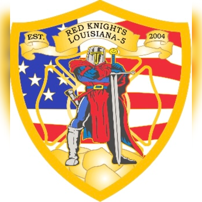 A knight in armor stands with a sword in front of a stylized American flag, all within a yellow shield.