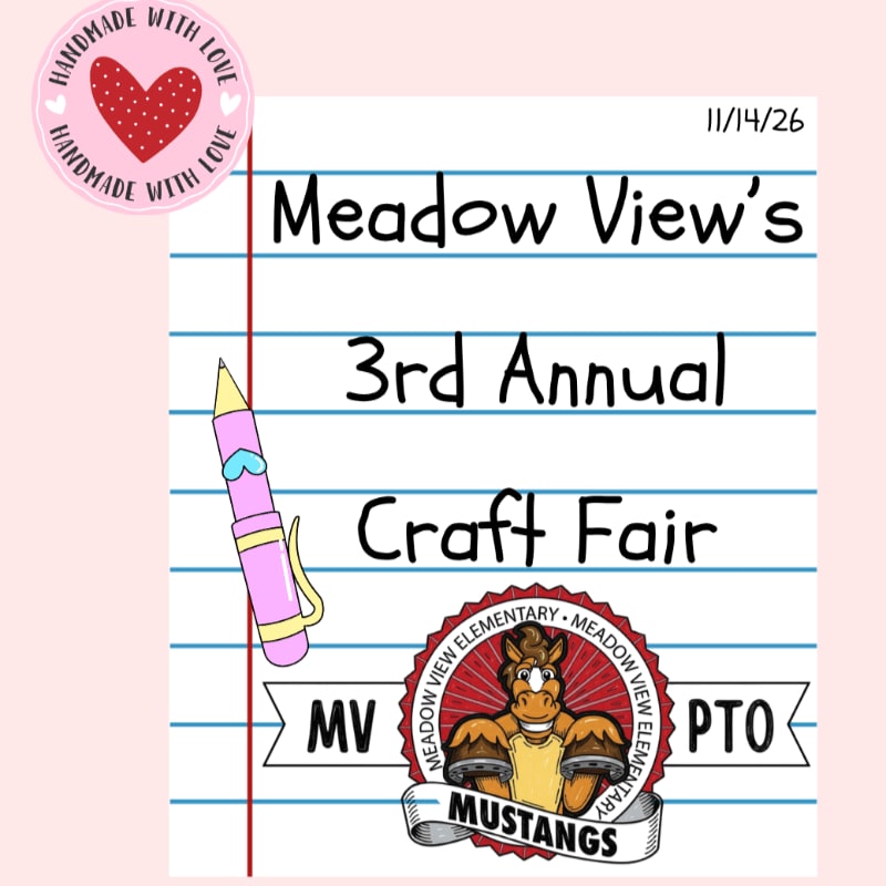 A pink pen and a heart sticker are in the foreground, while the background features a sign for Meadow View's 3rd Annual Craft Fair.