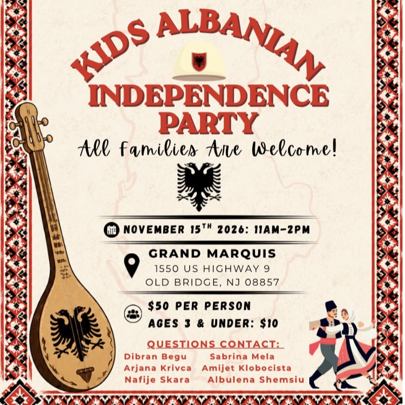 A traditional Albanian instrument and dancing couple are featured in the foreground of a flyer announcing a Kids Albanian Independence Party.