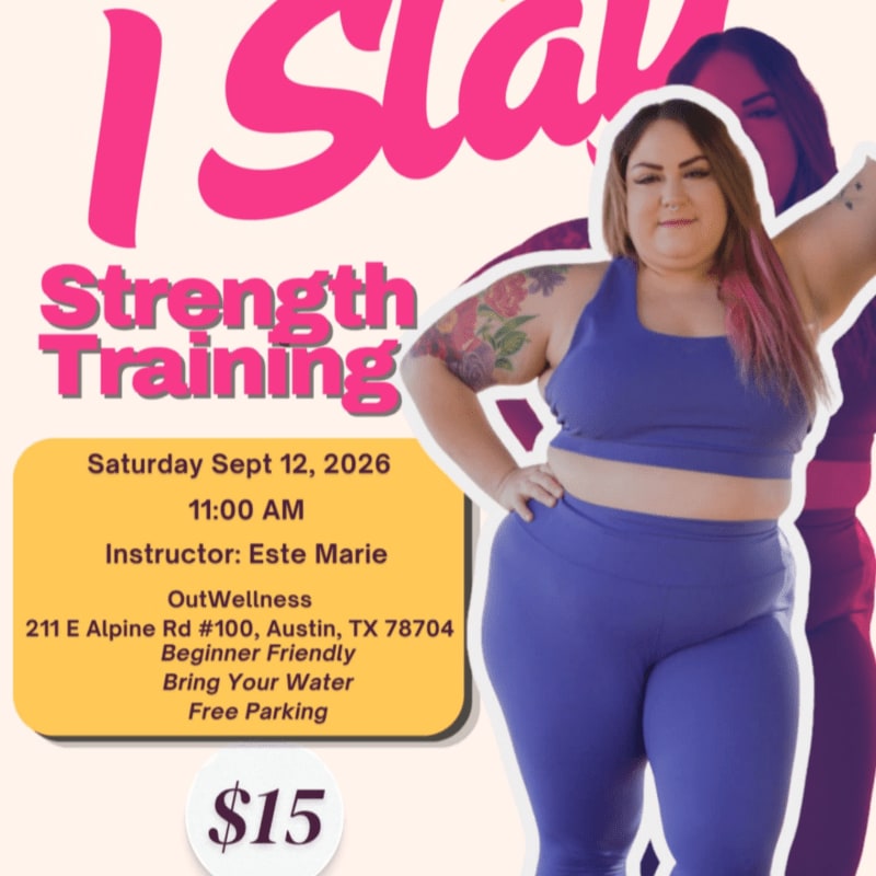 A woman in athletic wear poses confidently in the foreground, while the background features bold text advertising a strength training event.