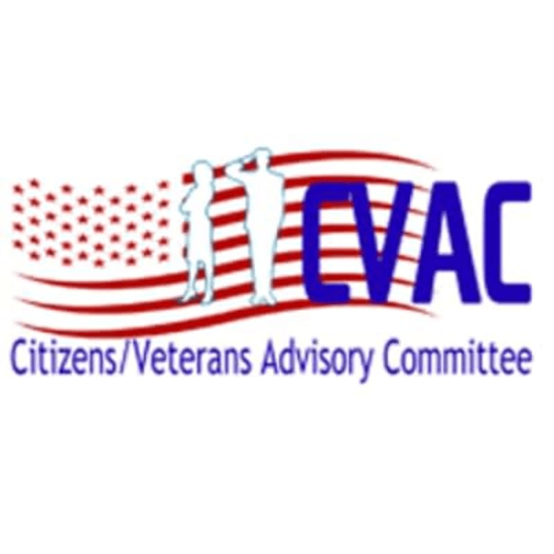 Silhouettes of two figures stand before a stylized American flag with the letters "CVAC" in the background, all beneath the text "Citizens/Veterans Advisory Committee."