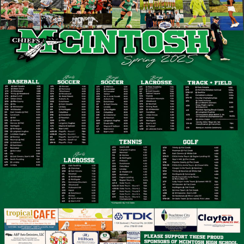 A green and white poster for McIntosh High School's Spring 2025 sports teams features a collage of athletes in the background and detailed schedules for various sports in the foreground, with sponsor logos at the bottom.