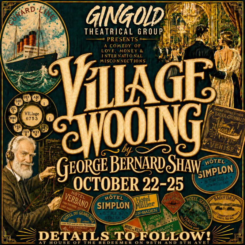 A vintage poster for "Village Wooing" by George Bernard Shaw features a man with headphones in the foreground and a couple in formal attire in the background, surrounded by travel-themed graphics.