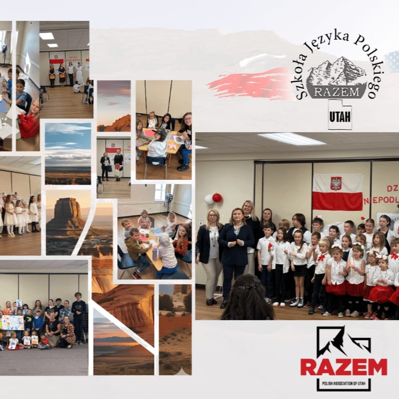A collage of photos featuring children and adults at a Polish school event in Utah is displayed alongside the school's logo and a group photo of students in front of a Polish flag.