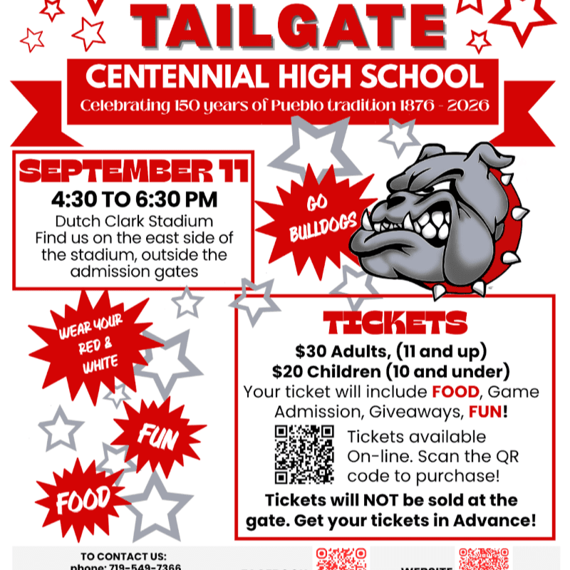 A red and white flyer advertises a Centennial High School tailgate event on September 11th, featuring a bulldog mascot and ticket information in the foreground, against a background of stars and school spirit graphics.