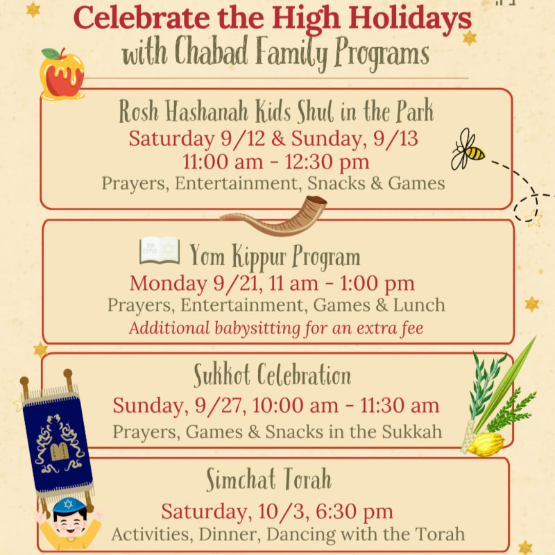 A festive flyer announces Chabad Family Programs for the High Holidays, featuring colorful illustrations of a Torah scroll, shofar, apple, and bee against a light yellow background.
