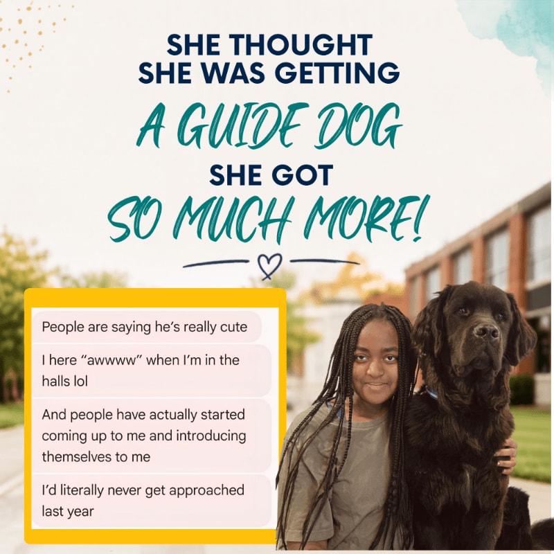A young girl with braided hair smiles next to a large black dog in front of a building, with a text message bubble on the left detailing positive social interactions.