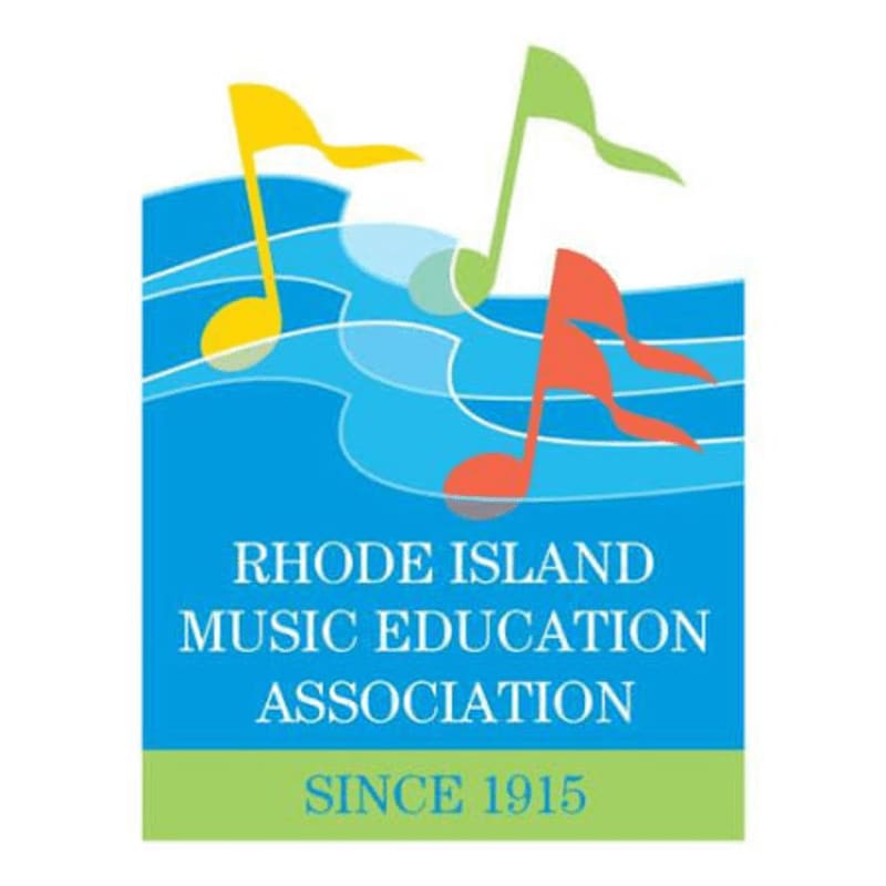Three colorful musical notes float above wavy blue lines, with the text "RHODE ISLAND MUSIC EDUCATION ASSOCIATION SINCE 1915" in white and green on a blue and green background.