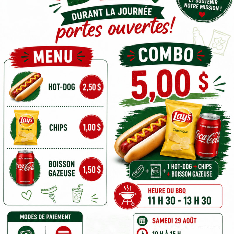 A menu board displays hot dogs, chips, and drinks in the foreground, with a "Combo" offer and event details in the background.