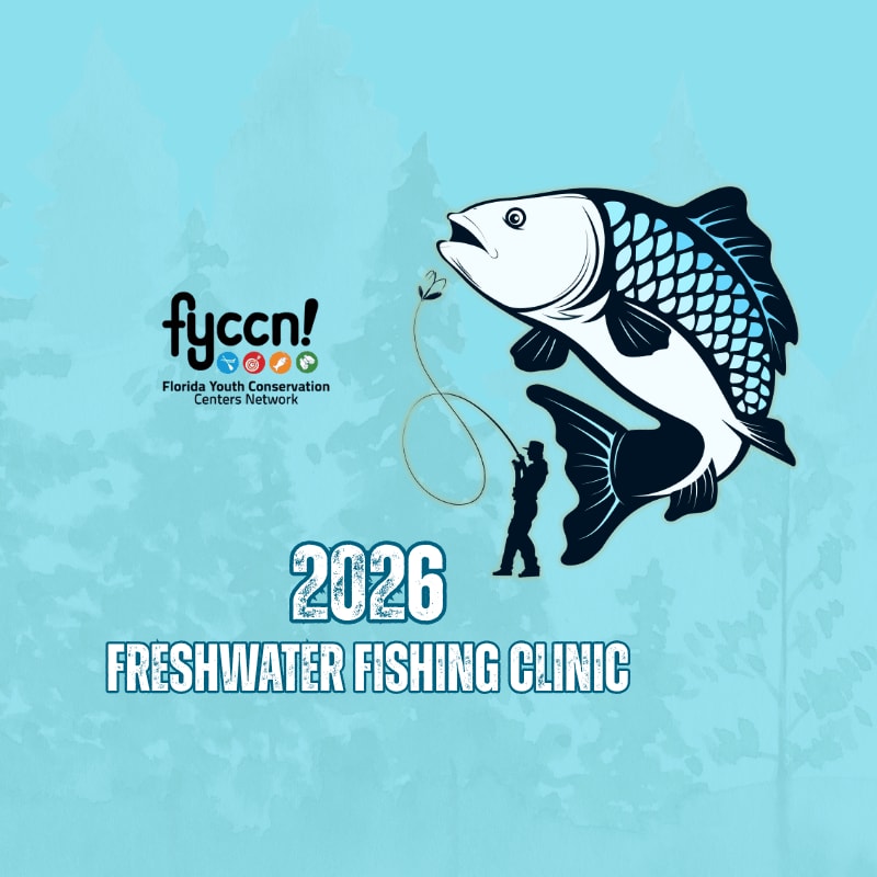 A silhouette of a person fishing in the foreground is casting a line towards a large fish, with a logo and text for a 2026 Freshwater Fishing Clinic set against a light blue, tree-filled background.