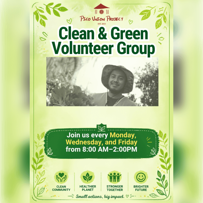A smiling man in a hat is pictured in the foreground, with the "Clean & Green Volunteer Group" title and event details in the background.