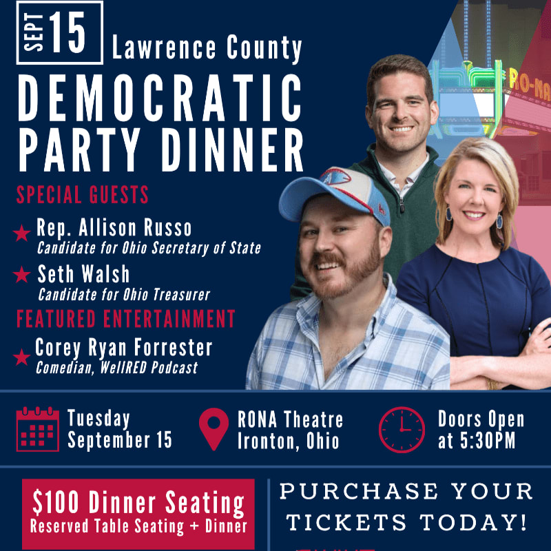 A dark blue flyer advertises the Lawrence County Democratic Party Dinner on Tuesday, September 15th, featuring special guests and entertainment, with a red banner at the bottom indicating ticket prices and purchase information.
