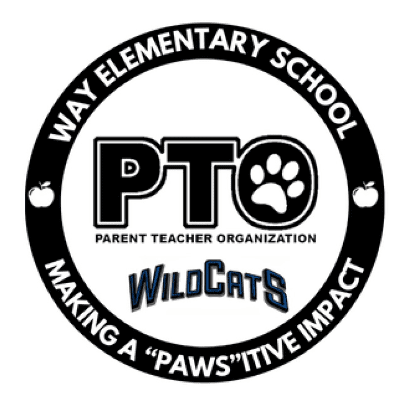 A black and white circular logo for Way Elementary School PTO features the text "PTO" with a paw print in the "O" in the foreground, and the words "WAY ELEMENTARY SCHOOL" and "MAKING A 'PAWS'ITIVE IMPACT" encircling the logo, with "WILDCATS" below.