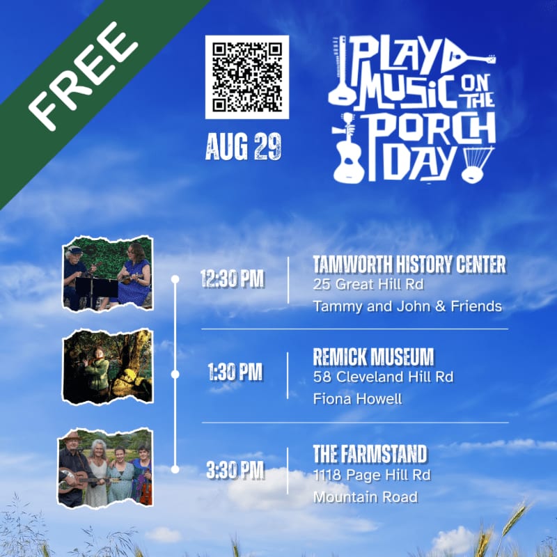 A blue sky with fluffy clouds serves as the background for a flyer advertising a free "Play Music on the Porch Day" event, with images of musicians and event details in the foreground.