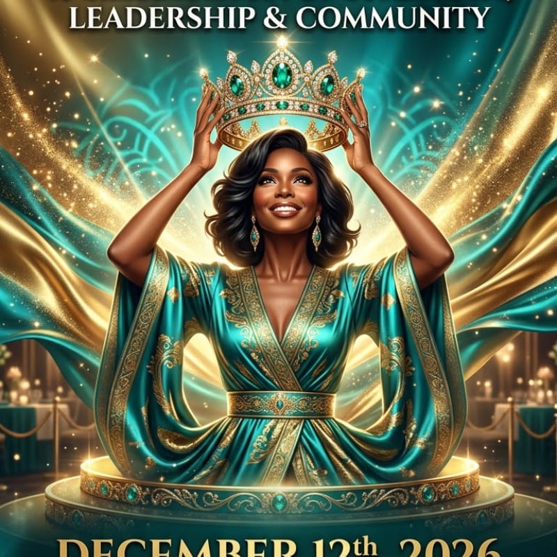 A regal Black woman in a jeweled crown and ornate teal and gold gown is centered against a backdrop of shimmering fabric and distant, softly lit tables.