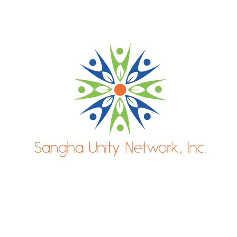A colorful, abstract logo of people forming a circle with leaves in the center sits above the text "Sangha Unity Network, Inc." on a white background.
