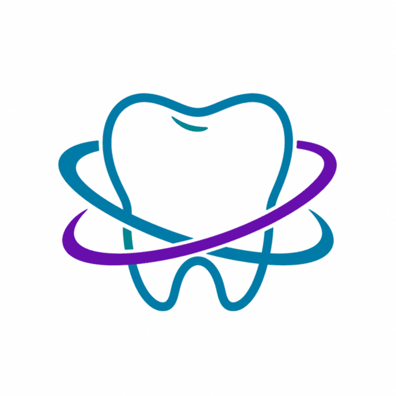 A stylized blue tooth is encircled by two swirling purple and teal bands against a white background.