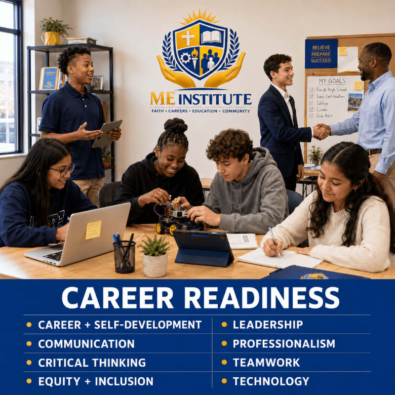 Students collaborate on projects and engage in discussions in a classroom setting, with the ME Institute logo and career readiness principles displayed in the background.